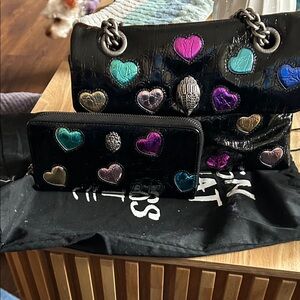 Edgy Heart-Accent Black Patent Shoulder Bag and Wallet Set